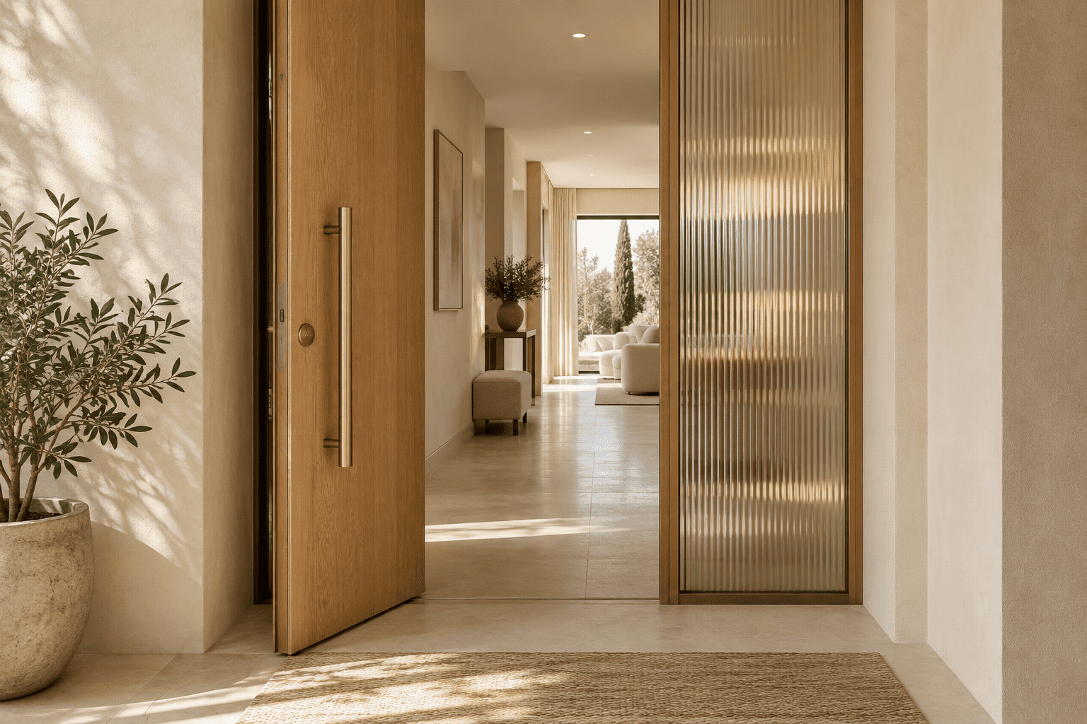 Entrada de vivienda contemporánea con madera y vidrio reformada