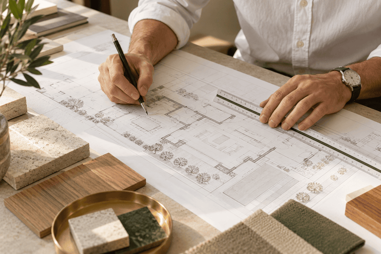 Arquitecto técnico revisando un plano de proyecto de reforma