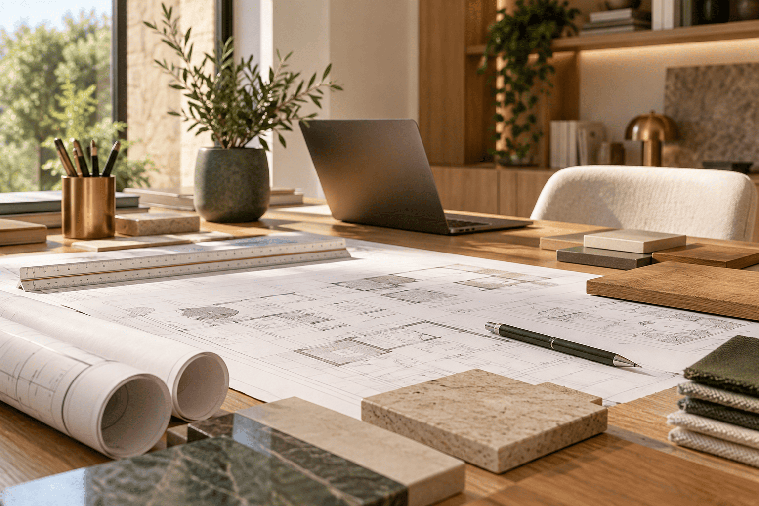 Mesa de trabajo de arquitectura técnica con planos y muestras de materiales