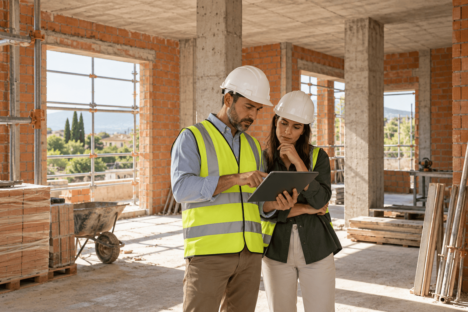 Arquitectos técnicos revisando una obra de vivienda en Madrid
