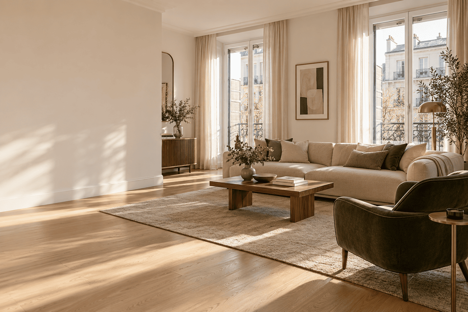 Salón contemporáneo luminoso en un piso de Madrid